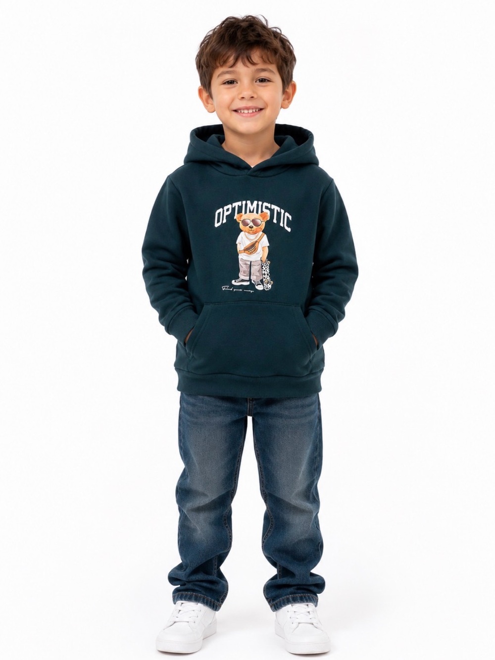 Kids' Optimistic Bear Graphic Hoodie - Dark Teal